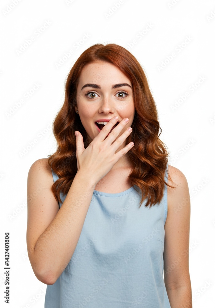 beautiful woman standing with shocked face hands on mouth beautiful woman standing with shocked face hands on mouth