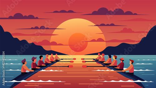 As the sun sets over the horizon the rowing teams give it their all in the final stretch the determination on their faces promising a nailbiting. Vector illustration