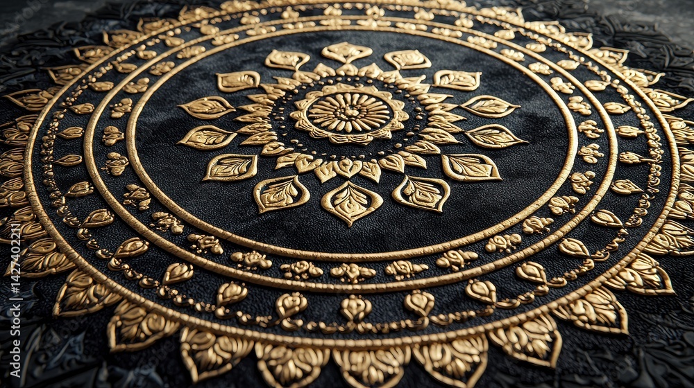 Intricate circular pattern, gold on dark background Intricate circular pattern, gold on dark background