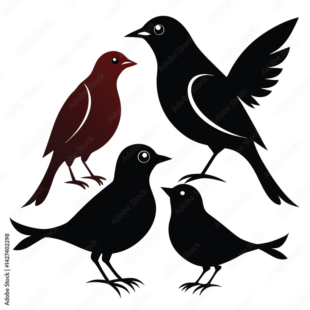 Nightingale birds set isolated shilhotee vector on white background Nightingale birds set isolated shilhotee vector on white background