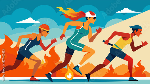 Even as the temperatures continue to rise the triathletes push themselves onward their determination and passion for the sport carrying them across. Vector illustration
