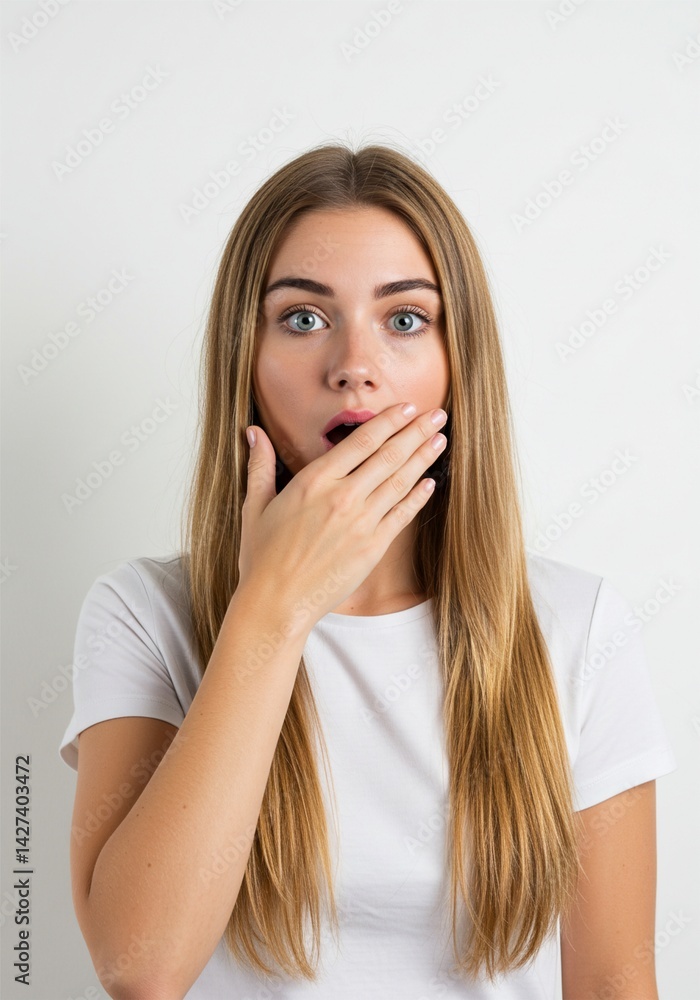 beautiful woman standing with shocked face hands on mouth beautiful woman standing with shocked face hands on mouth