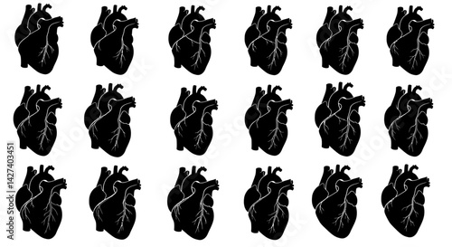 Anatomical heart vector silhouette icon set. heartbeat, cardiovascular, anatomy, medical, health, cardiology illustration, biology, organ, human heart collection