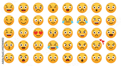 Big set of emoticon smile icons. Cartoon emoji set. Vector emoticon set