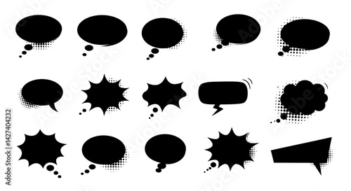 Comic explosion speech bubble vector shapes, speech bubble silhouettes, starburst designs in black. Ideal for graphic design, comic book art, pop art, and digital illustrations