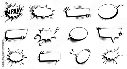 Comic explosion speech bubble vector shapes, speech bubble silhouettes, starburst designs in black. Ideal for graphic design, comic book art, pop art, and digital illustrations