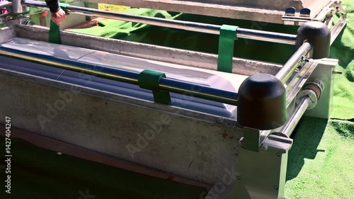 Coffin casket is carefully lowered into grave, surrounded by green grass flowers, during memorial funeral service