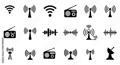 Wireless signal icons set includes wifi, antenna, radio, sound waves, perfect for tech design, communication network, audio visual vector illustration