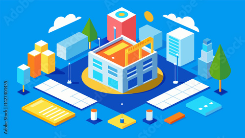 The architectural model takes center stage in the construction site office surrounded by blueprints and other building plans.. Vector illustration