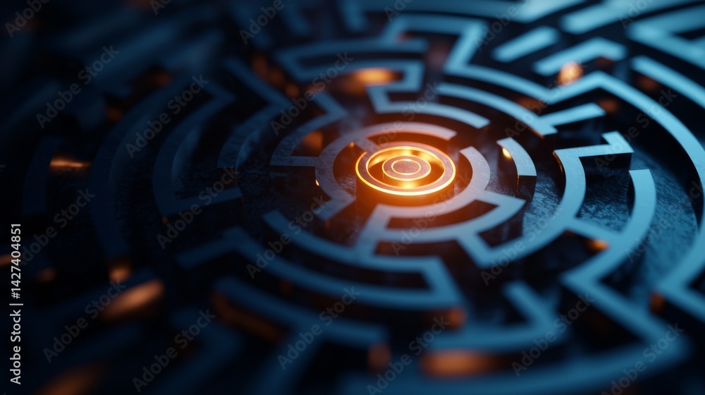 A close-up view of a complex maze design with a glowing center.