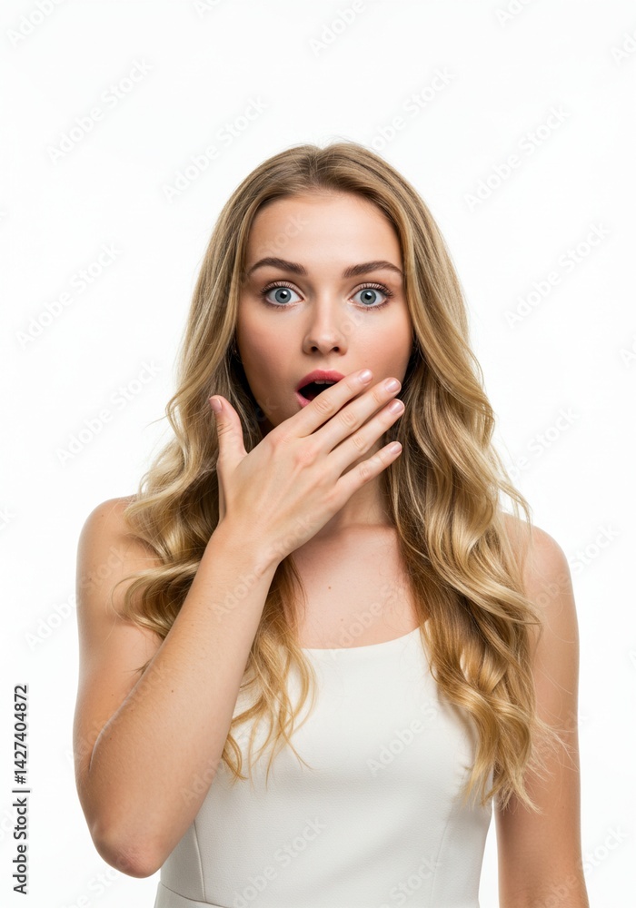 beautiful woman standing with shocked face hands on mouth beautiful woman standing with shocked face hands on mouth