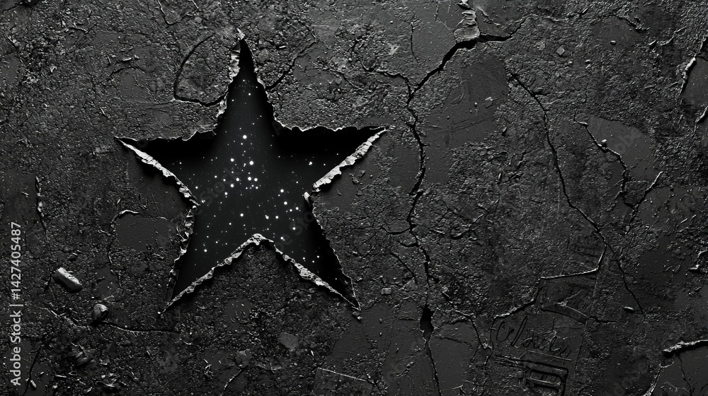 A cracked black surface revealing a star shape, textured and intriguing, perfect for design. A cracked black surface revealing a star shape, textured and intriguing, perfect for design.