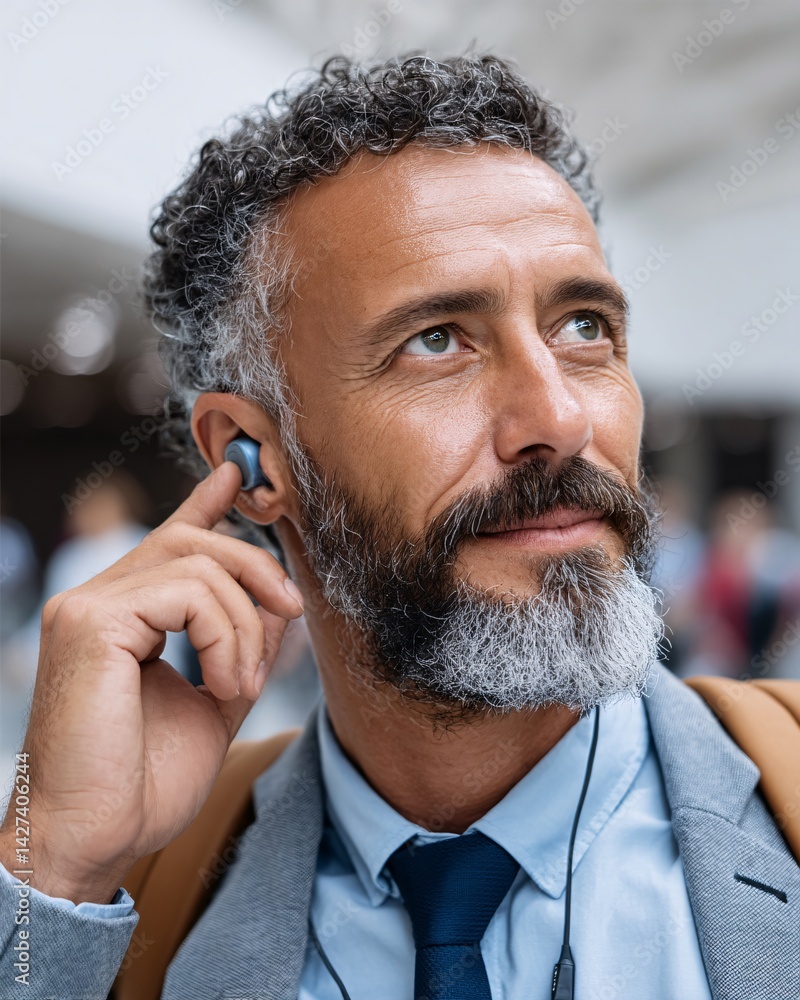Thoughtful mature man enjoying music with headphones in a modern urban environment