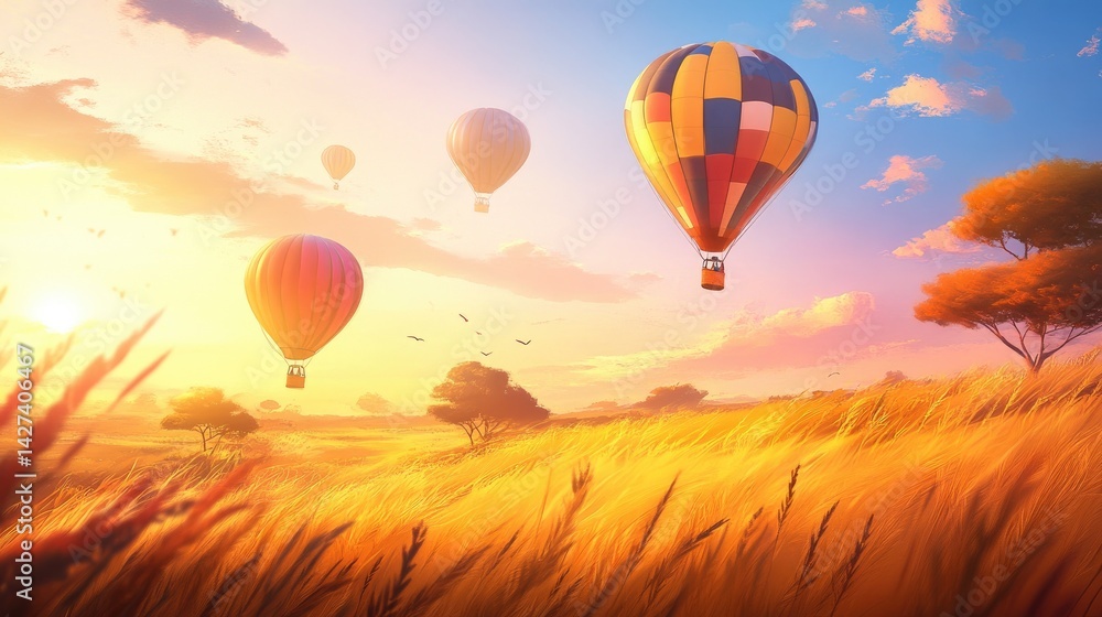 Hot Air Balloons Soaring Over Golden Fields at Sunset