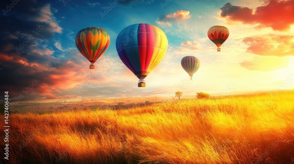 Majestic Hot Air Balloons Soaring Over Golden Fields at Sunset