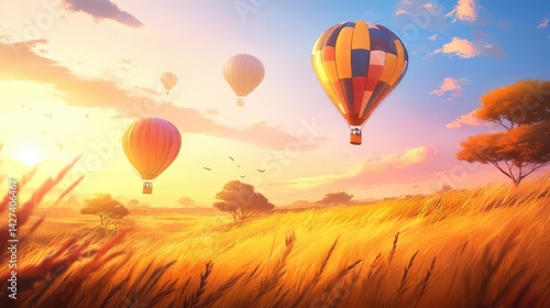 Obraz na płótnie Hot Air Balloons Soaring Over Golden Fields at Sunset w salonie