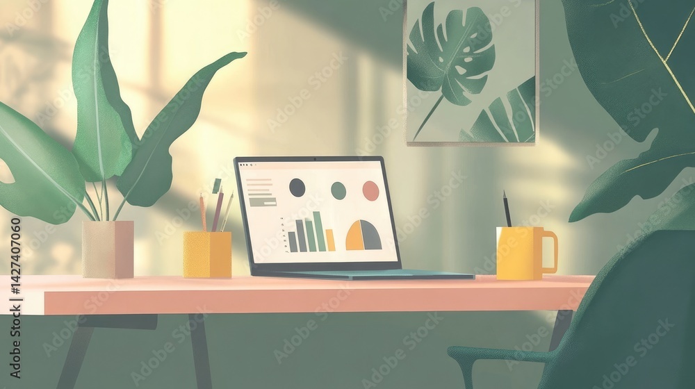 Serene Workspace: Sunlight Illuminates a Peaceful Home Office with Laptop, Plants, and Minimalist Decor