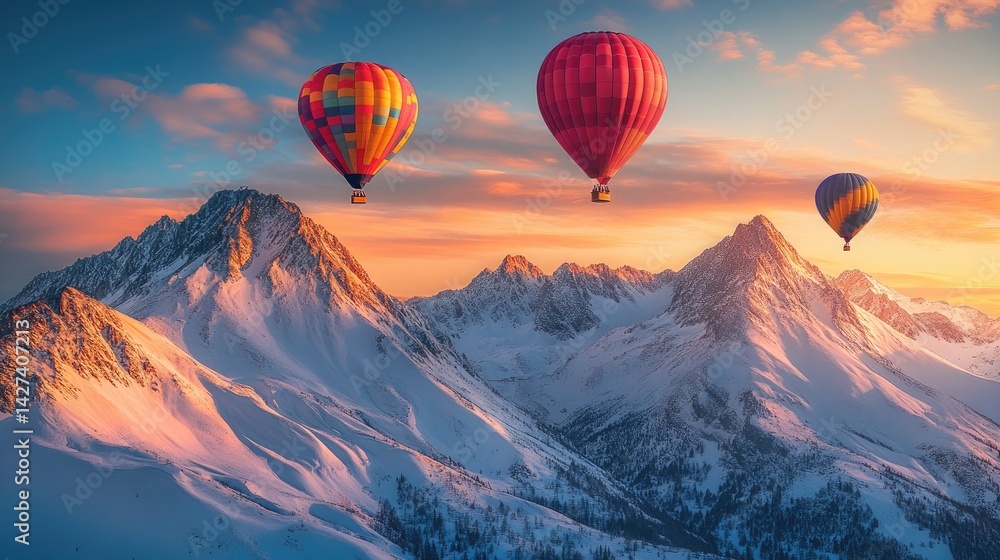 Hot Air Balloons Soaring Over Majestic Snowy Mountains at Sunrise