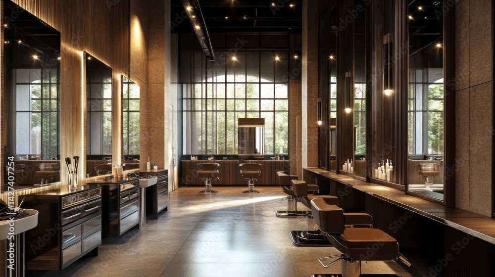 Spacious modern salon interior with large windows. Spacious modern salon interior with large windows.