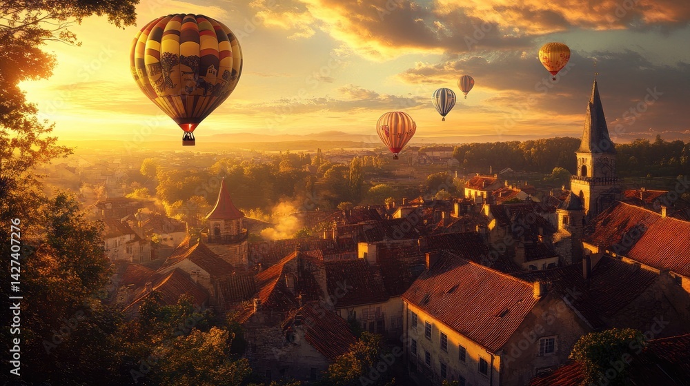 Golden Hour Hot Air Balloons Soaring Over Charming Medieval Town