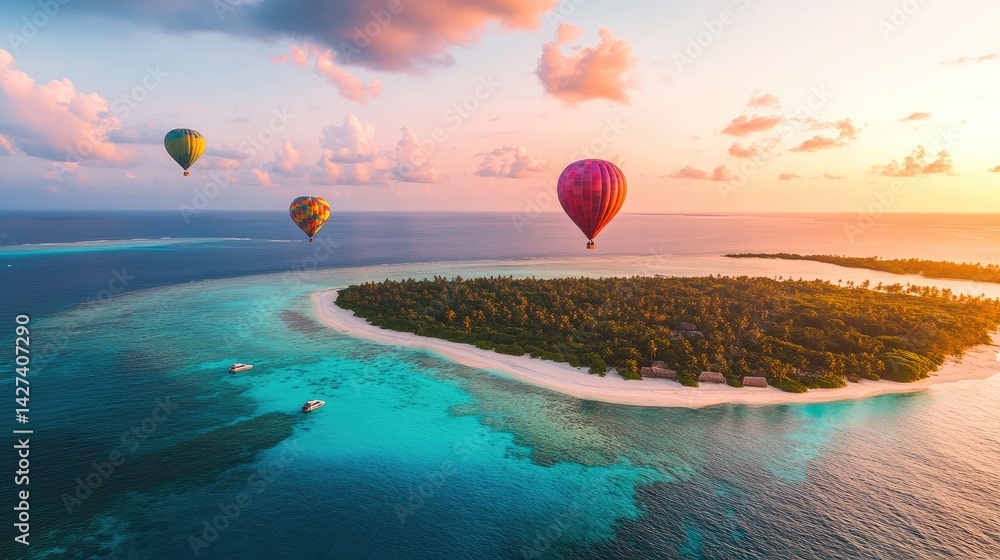 Aerial View of Tropical Island Paradise at Sunset with Hot Air Balloons