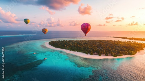 Obraz na płótnie Aerial View of Tropical Island Paradise at Sunset with Hot Air Balloons w salonie