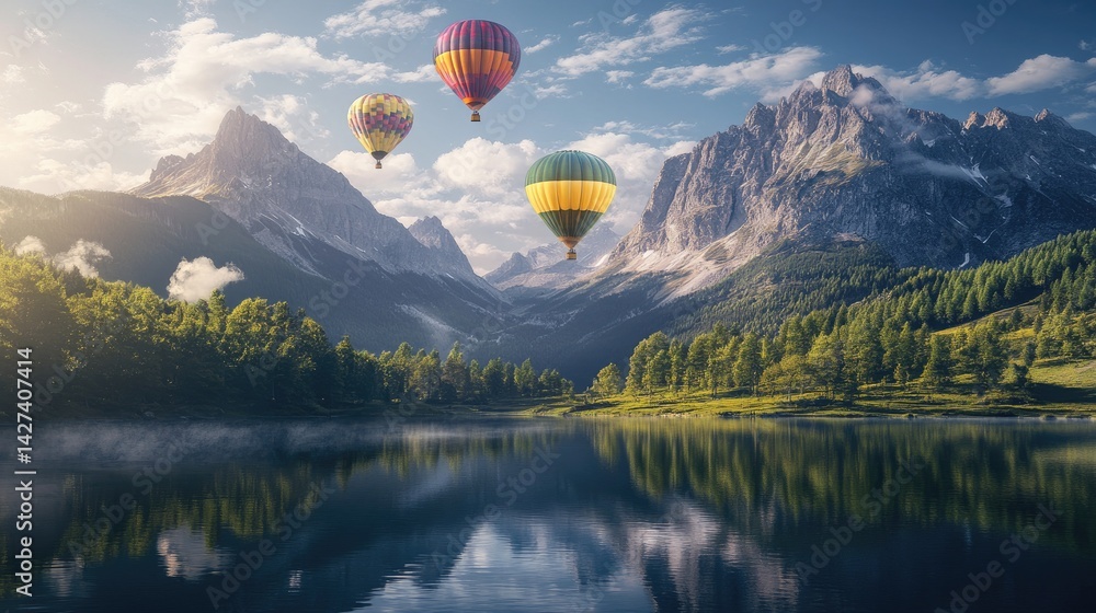 Serene Mountain Lake with Hot Air Balloons