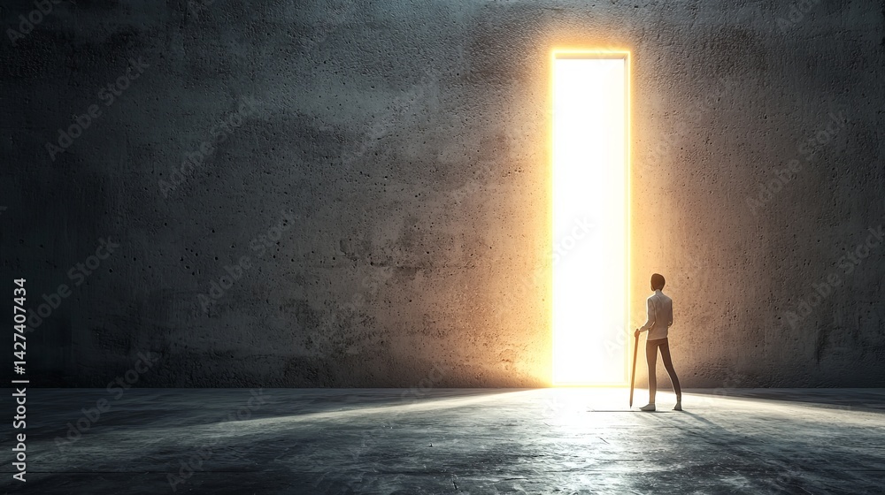 A figure stands before a bright opening, symbolizing hope and new beginnings. A figure stands before a bright opening, symbolizing hope and new beginnings.