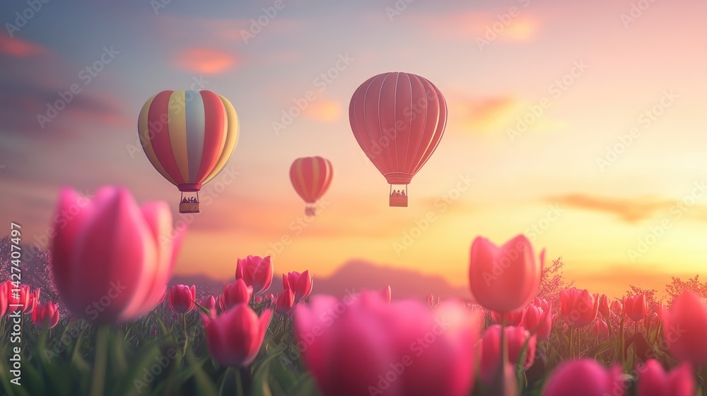 Hot Air Balloons Soaring Over a Tulip Field at Sunset