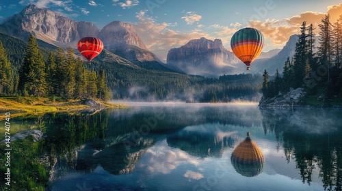 Serene Sunrise Hot Air Balloons over Misty Mountain Lake