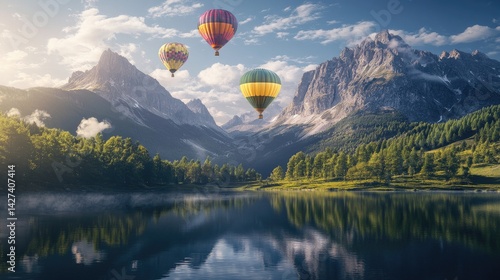 Obraz na płótnie Serene Mountain Lake with Hot Air Balloons w salonie