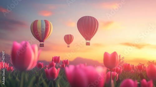 Obraz na płótnie Hot Air Balloons Soaring Over a Tulip Field at Sunset w salonie