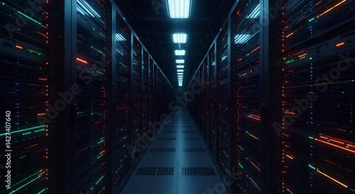 ハイテクなデータセンターのサーバールームとLEDインジケーターの光景