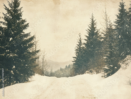 retro winter landscape Snowy Pine mountain view.