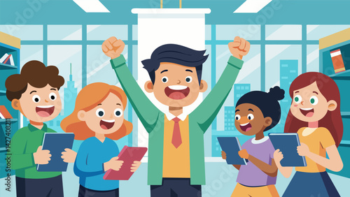 Excited chatter filled the air as a group of techminded youngsters led their peers through the bustling headquarters of a renowned tech company.. Vector illustration