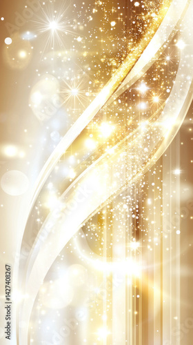 A gold and white background with a wavy line and lots of stars. The stars are scattered all over the background and the line is curving. The background is very bright and shiny