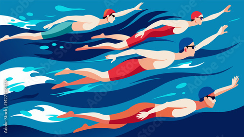 Each swimmer glides through the water with precision and elegance creating a visual symphony that captivates the audience.. Vector illustration