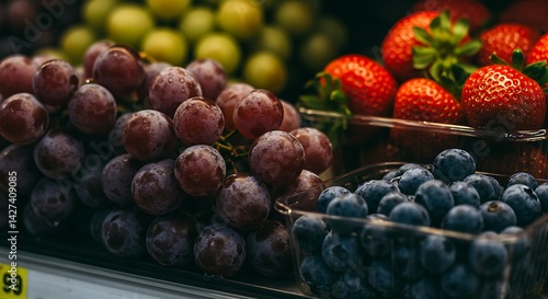 Wallpaper Mural Vibrant Red Grapes, Strawberries, and Blueberries in Market Display Torontodigital.ca