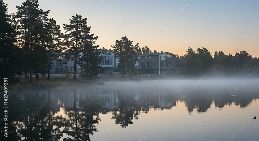 Obraz premium Misty Dawn Reflection: Modern Architecture by Still Lake
