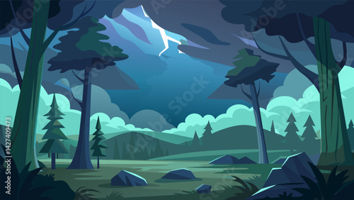 A serene forest clearing untouched by the chaos of a thunderstorm.. Vector illustration