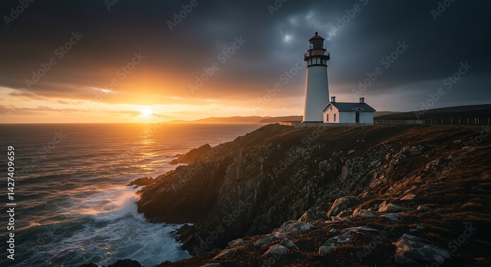 Fototapeta premium Coastal Lighthouse Sunset: Dramatic Sky, Ocean Waves Crashing