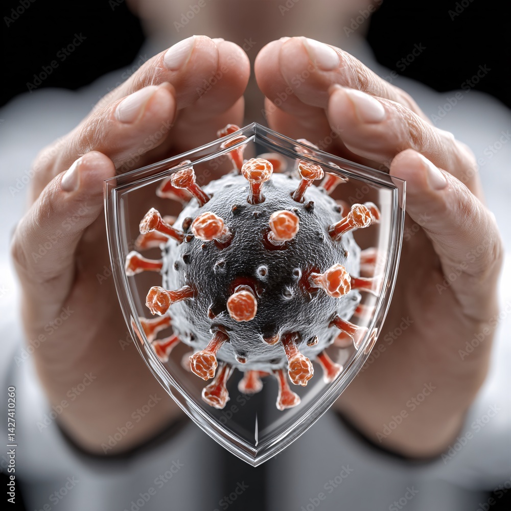 Hands Holding a Shield Symbolizing Protection Against Viruses and Disease Threats