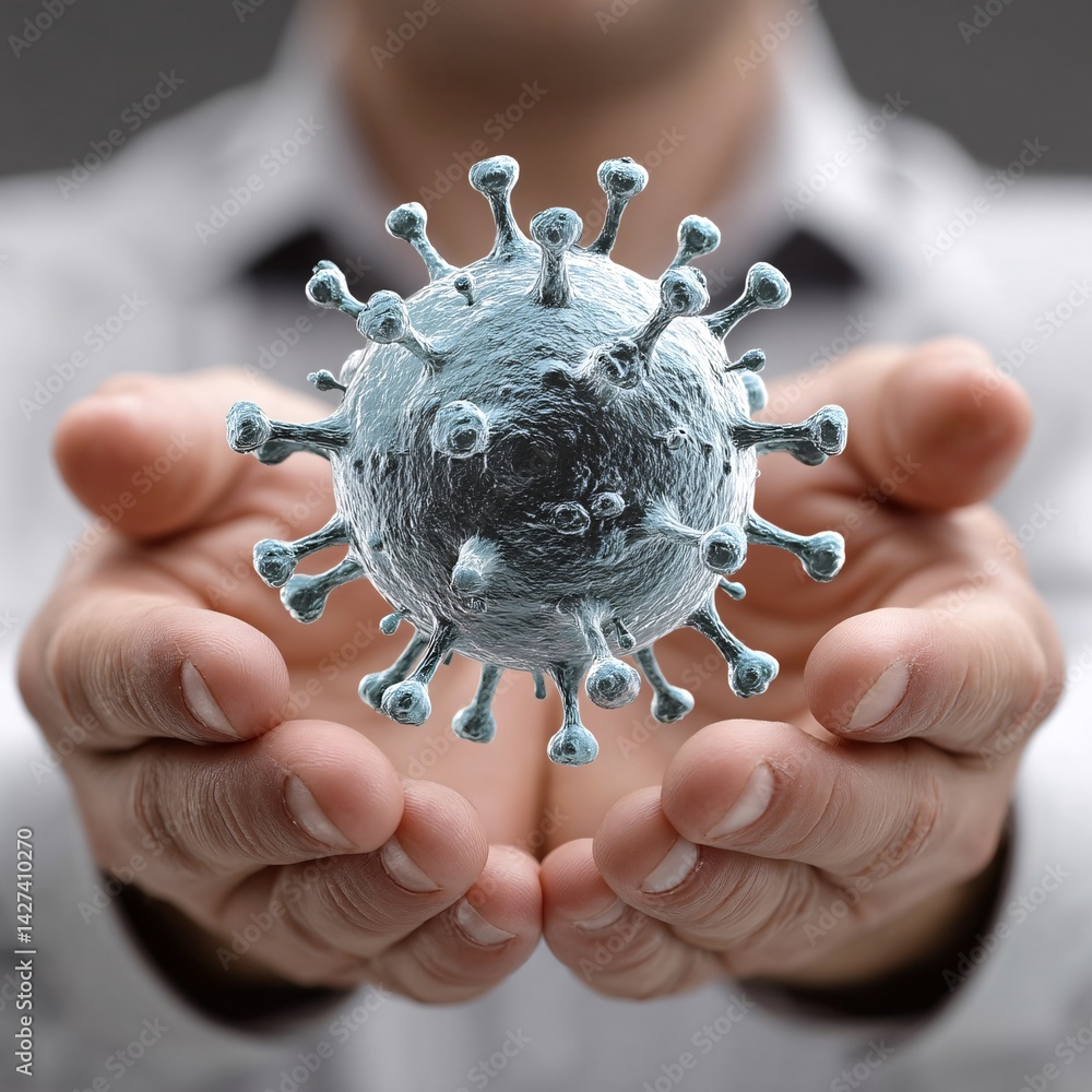 Hands Holding a Detailed 3D Model of a Virus to Represent Health and Medical Issues