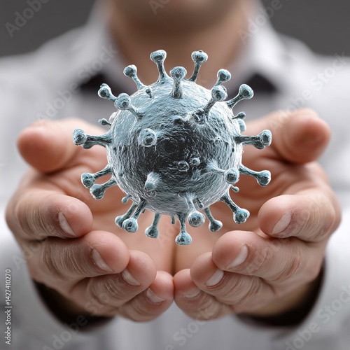 Obraz na płótnie Hands Holding a Detailed 3D Model of a Virus to Represent Health and Medical Issues w salonie
