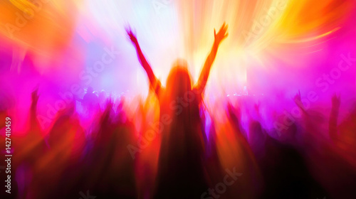 A woman is in the middle of a crowd of people, with her arms raised in the air. Concept of excitement and joy, as if the woman is celebrating or expressing her happiness