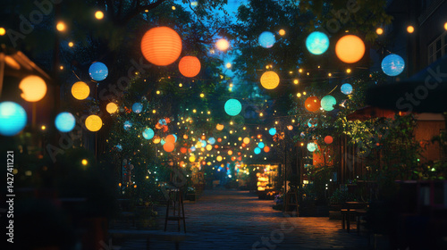 A street with many lights and trees. The lights are of different colors and sizes. Scene is festive and lively