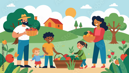 A family visiting a local farm picking their own fruits and vegetables and learning about sustainable farming instead of browsing through online. Vector illustration