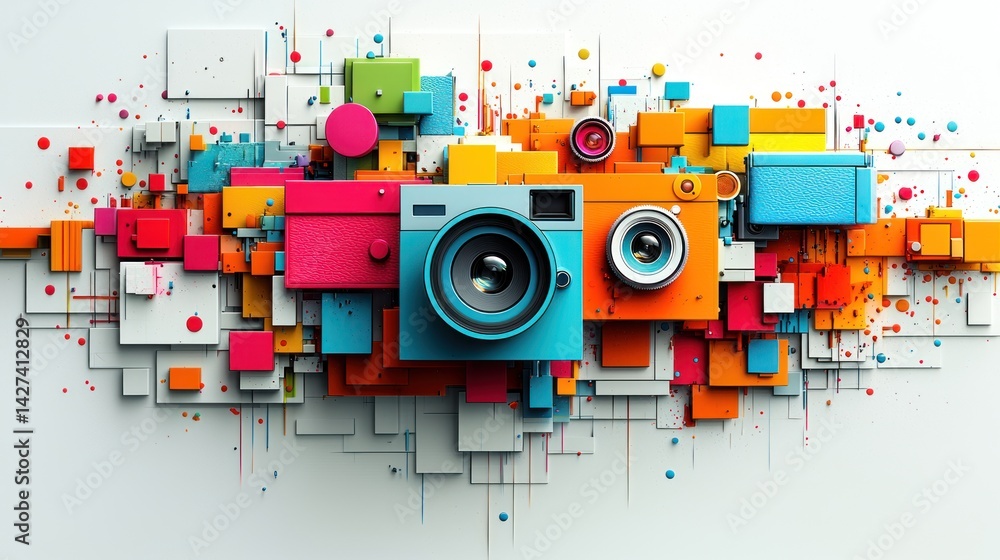Fototapeta premium Vibrant Camera Collage: A Celebration of Photography and Creativity