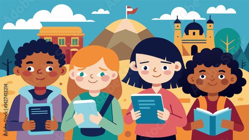 A group of children on a school trip using their ebooks to explore historical sites and landmarks.. Vector illustration