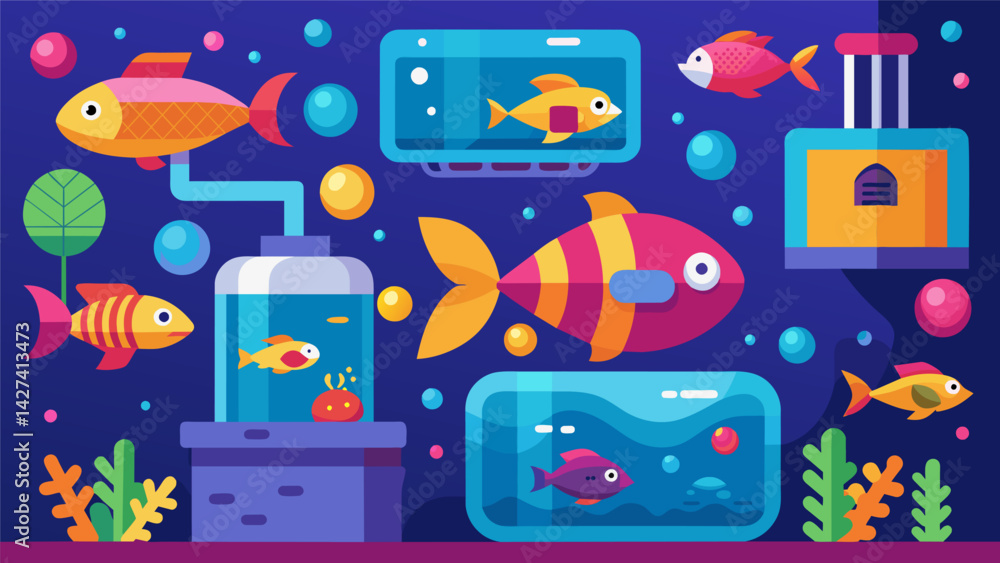 Naklejka premium A digital aquarium game for fish with different backgrounds decorations and toys for them to explore.. Vector illustration